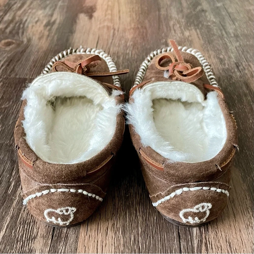 Lam Brown Suede Slippers Size 12 Toddler Faux Fur Lining Moccasins House Shoes